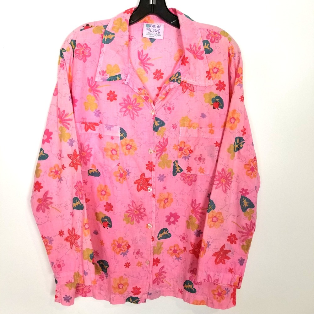 Fresh Produce Women Floral Button Up Long Sleeve Shirt Blouse Sz M Pink Boho